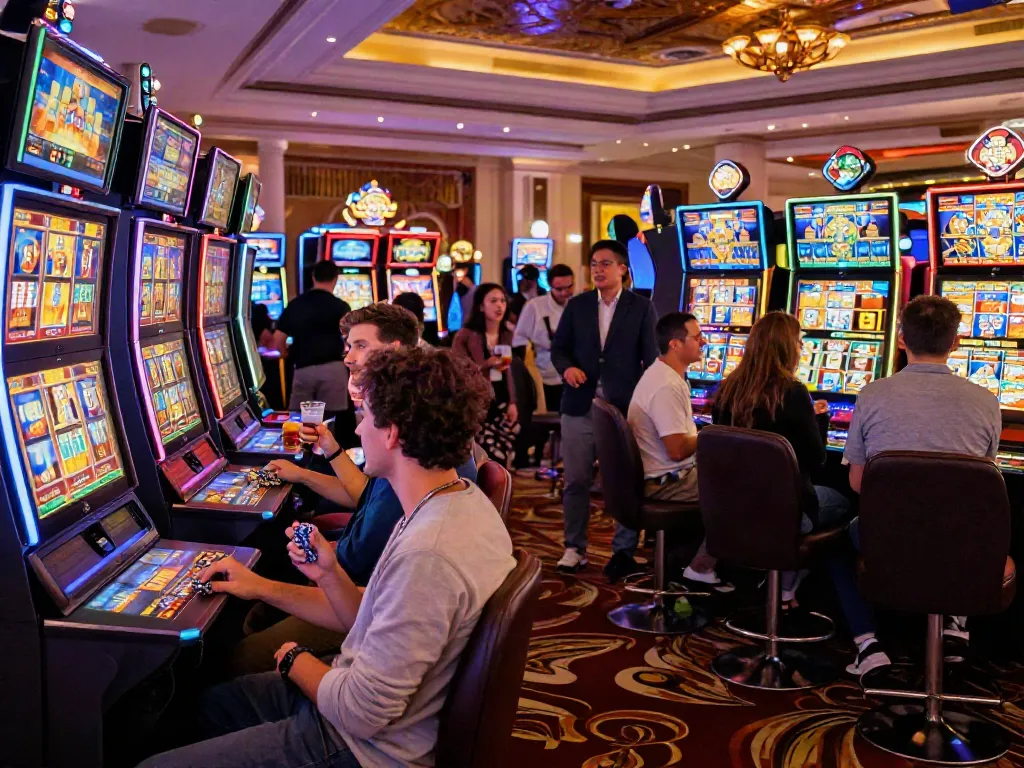 Excited players enjoying games at a Casino sans Depot, filled with colorful slot machines and vibrant lighting.