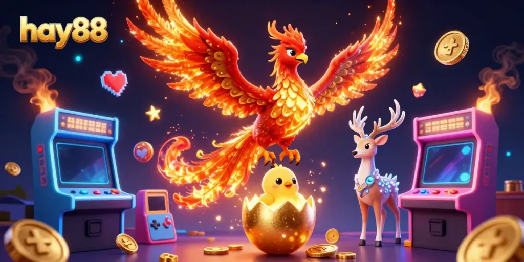Experience the excitement of hay88 casino games featuring a vibrant scene with gaming elements and mythical characters.
