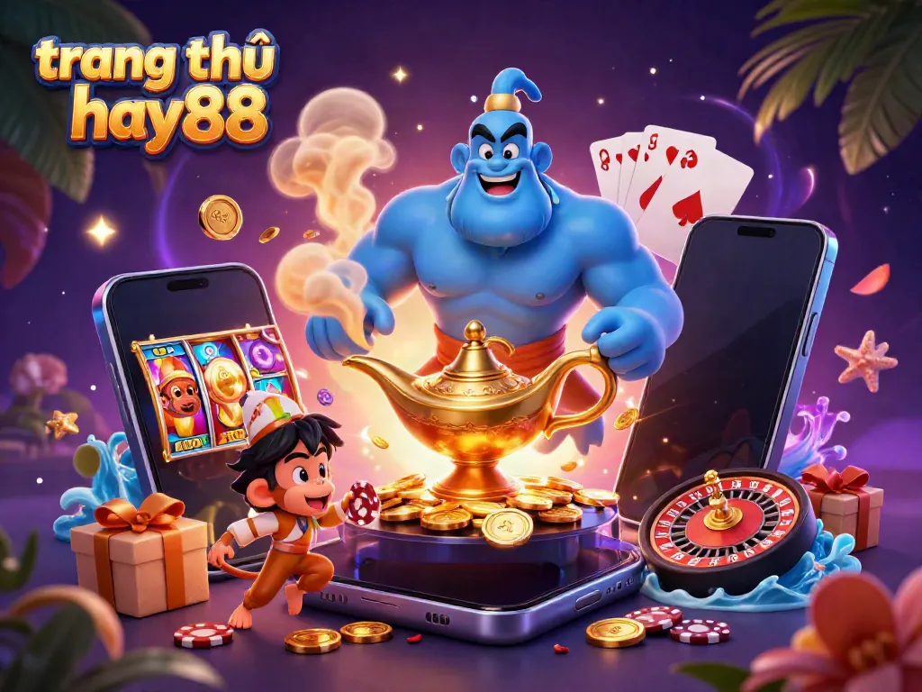 A captivating scene showcasing trang chủ hay88 with a genie, monkey, and poker chips, evoking excitement for casino adventures.