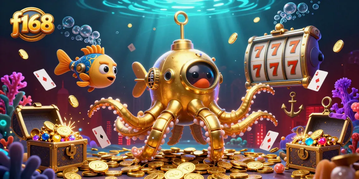 Engage with f168's lively underwater casino, featuring a golden kraken submarine with treasure and games.