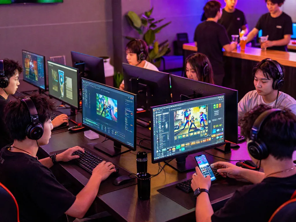Engaged players experiencing the NET88 online gaming platform in a lively lounge.