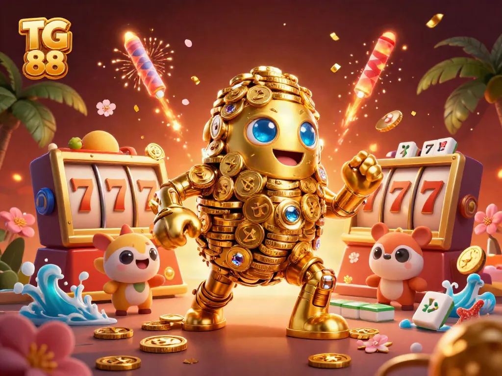 Experience the thrill of TG 88 gaming with a golden golem, vibrant cherry blossoms, and dynamic slot reels.