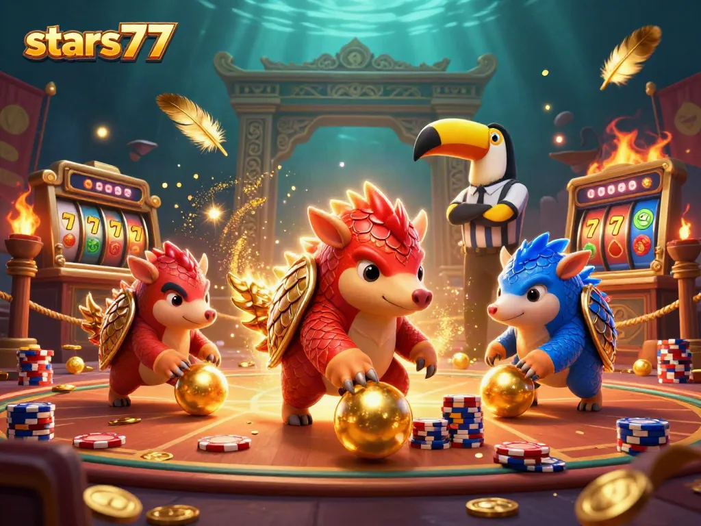Bermain di stars77 dengan dua pangolin bersaing menangkap bola emas di arena kasino.