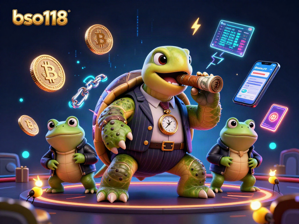 Engage with bso118's vibrant 3D casino scene featuring unique characters and crypto elements.