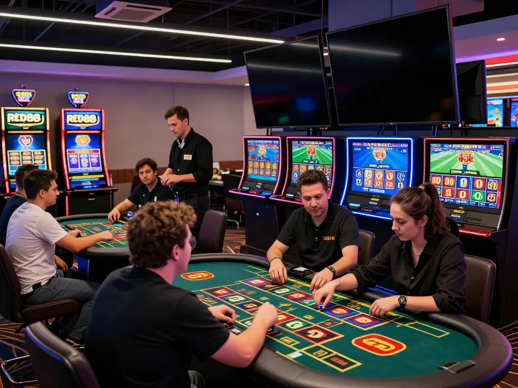 Exciting RED88 online gaming scene with diverse players enjoying live casino games and vibrant slot machines.