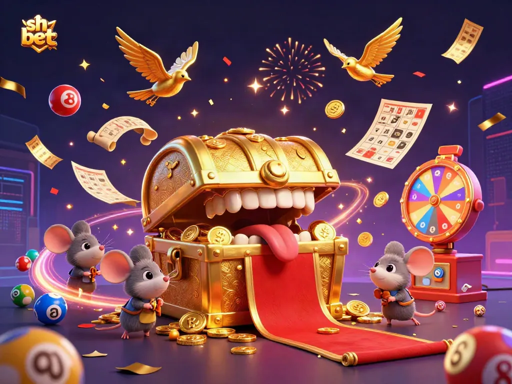 Experience the excitement of sh bet with a vibrant 3D casino illustration featuring treasure, lottery balls, and a festive atmosphere.
