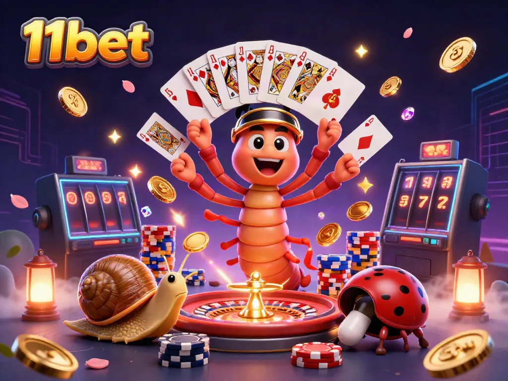 Experience the excitement of 11bet with a colorful scene of a millipede dealer, snail high-roller, and pill bug in a vibrant casino setting.