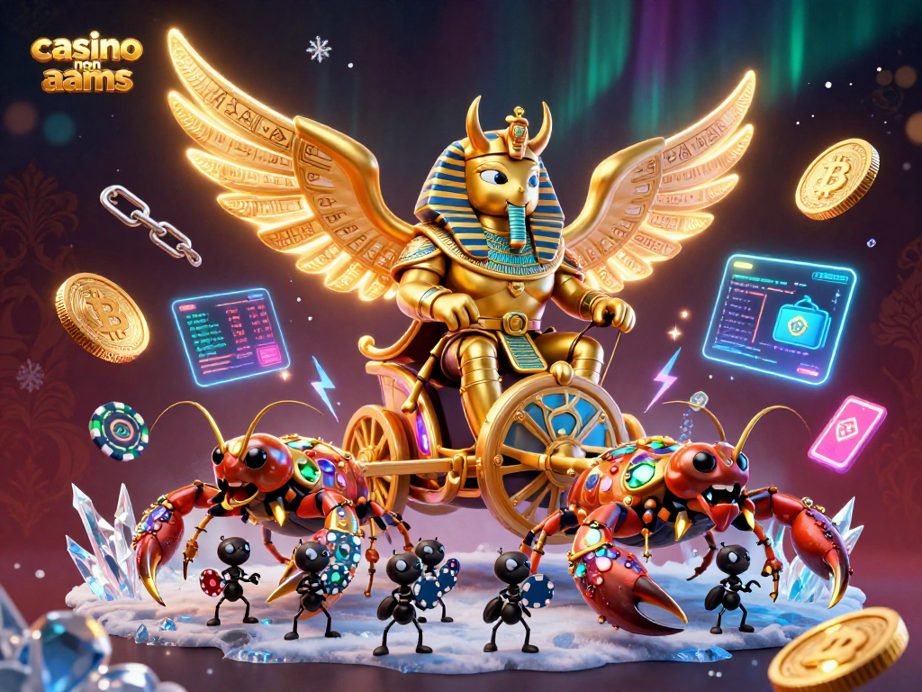 Gioca nel mondo dei casino non aams con un'illustrazione 3D di uno scarabeo dorato e scorpioni gioiello, tra simboli di criptovalute.