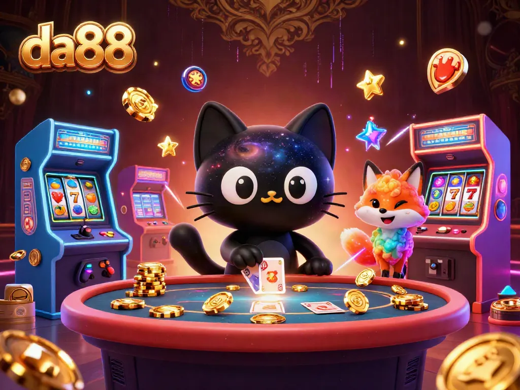 Engage with da88's vibrant gaming universe, featuring a cosmic casino scene with interstellar characters and exciting gambling elements.