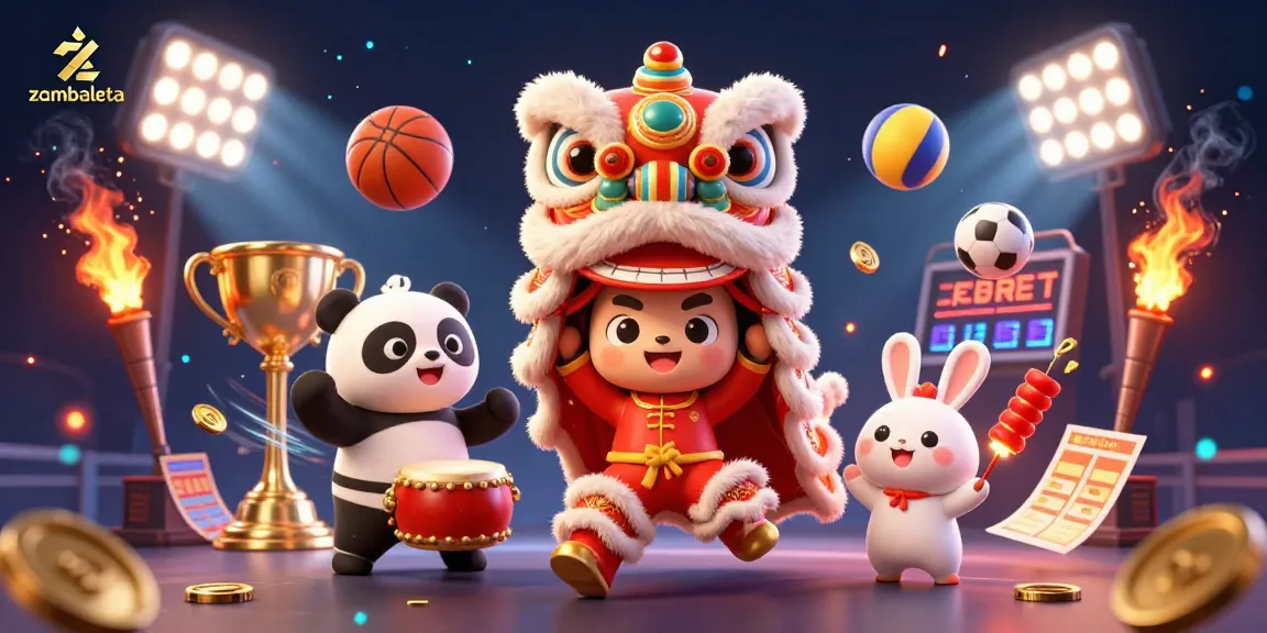 Engage with the thrilling zambaleta action featuring a lion dance amidst dynamic sports elements.