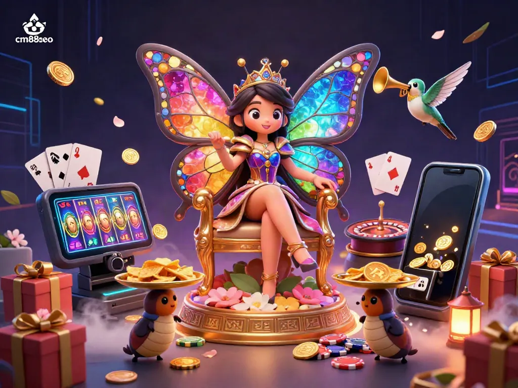 Engage with the vibrant cm88seo gaming scene showcasing a glamorous butterfly queen amidst casino elements.