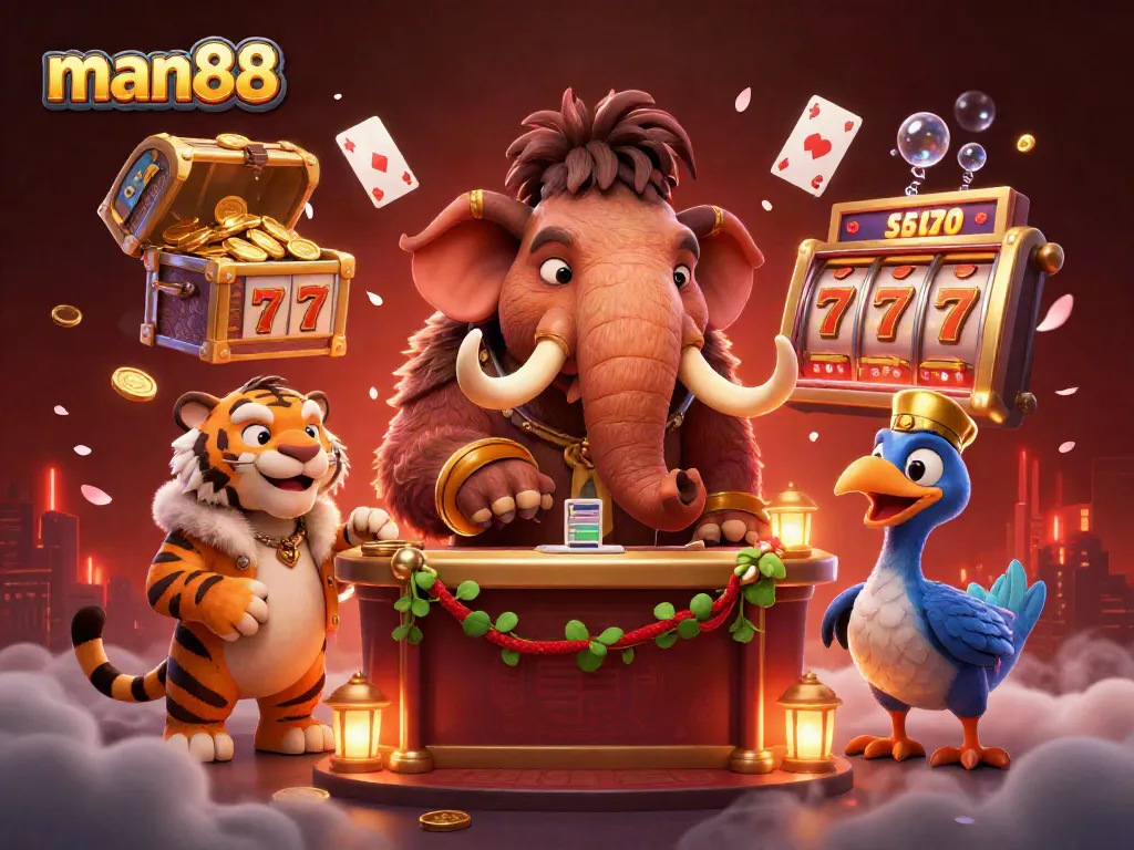 Experience the dynamic world of man88 with a vibrant casino scene showcasing unique characters.