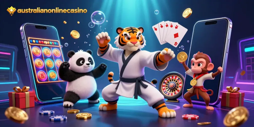 Play thrilling casino games at australianonlinecasino with a kung fu tiger, panda, and monkey amidst vibrant gaming elements.