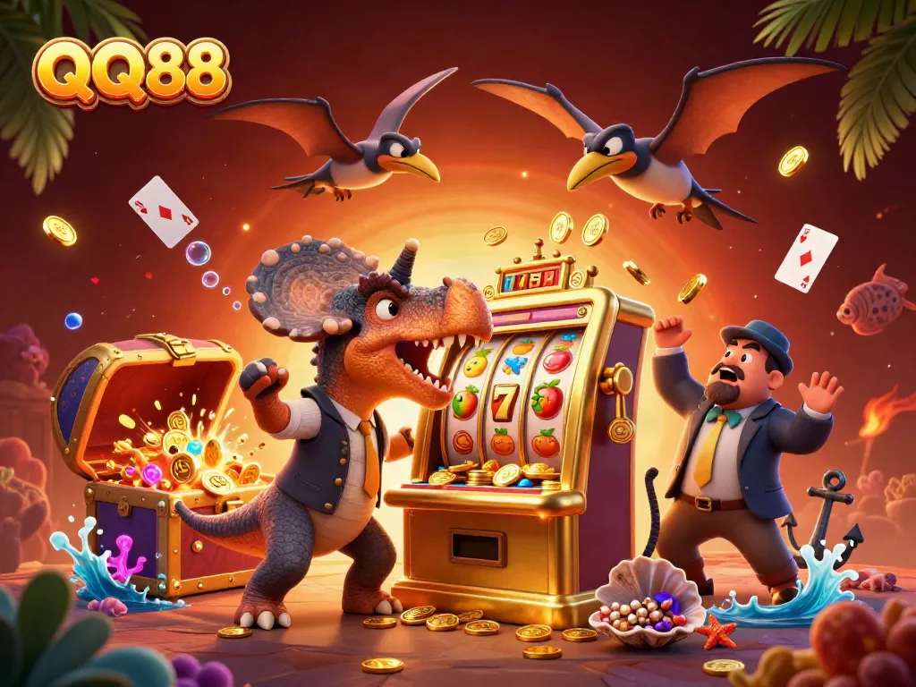 Experience thrilling wins at QQ88 as a pachycephalosaurus activates a jackpot slot machine amidst a bustling casino scene.