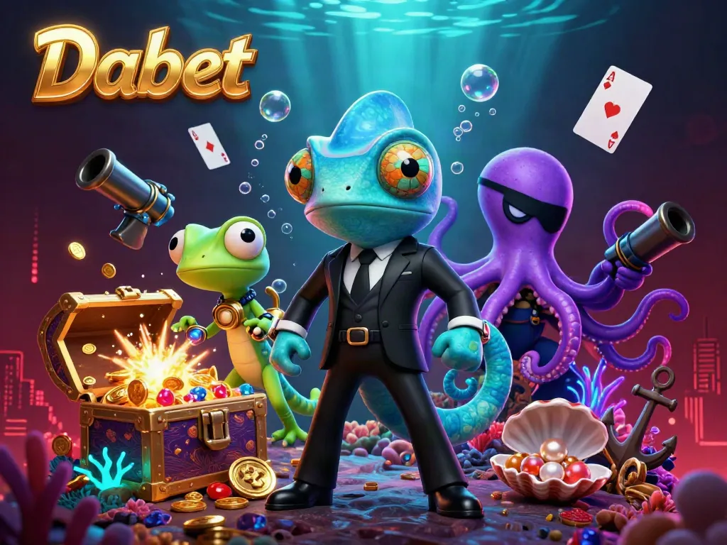 Dabet showcases thrilling underwater casino adventures featuring colorful gems, gold coins, and dynamic game elements.