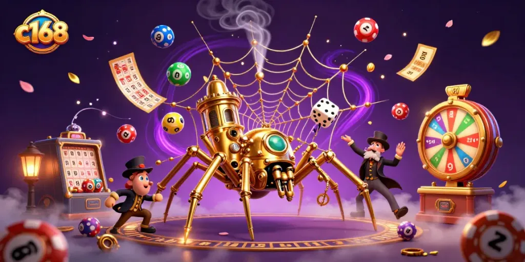 Engage in thrilling games at c168 with dynamic scenes of colorful lottery balls and golden tickets.
