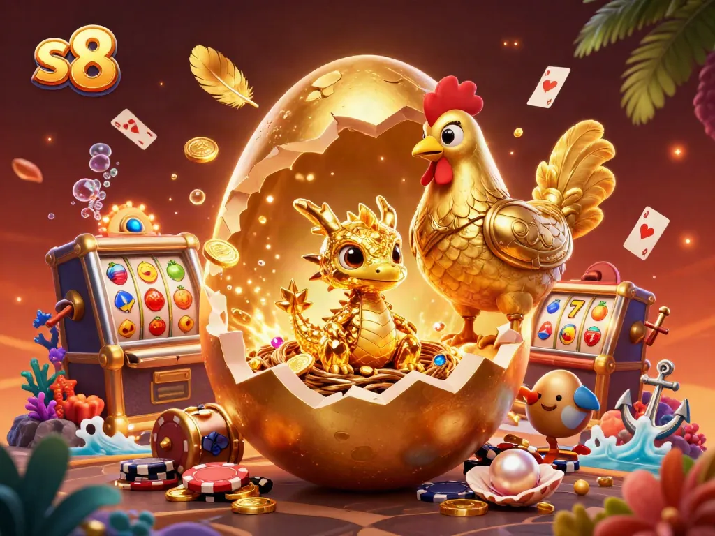 Join the adventure with s8 in this vibrant casino scene featuring a golden dragon and slot machines.