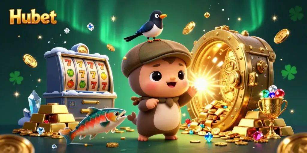 Engage with Hubet's vibrant casino world through this 3D illustration filled with thrilling slot elements.