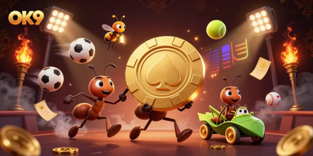 Engage with OK9's thrilling gambling scene featuring cunning ants and vibrant elements.