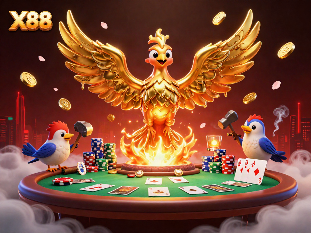 X88 phoenix leads a dynamic poker scene with gold coins, chips, and cards in an illustration.