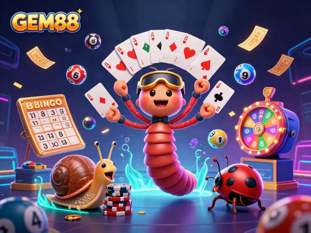 Experience GEM88 with vibrant casino fun, featuring animated characters and lively game elements.