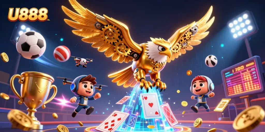 Engage in thrilling gaming with U888 featuring a dynamic 3D illustration of a cybernetic eagle amidst sports-themed elements.