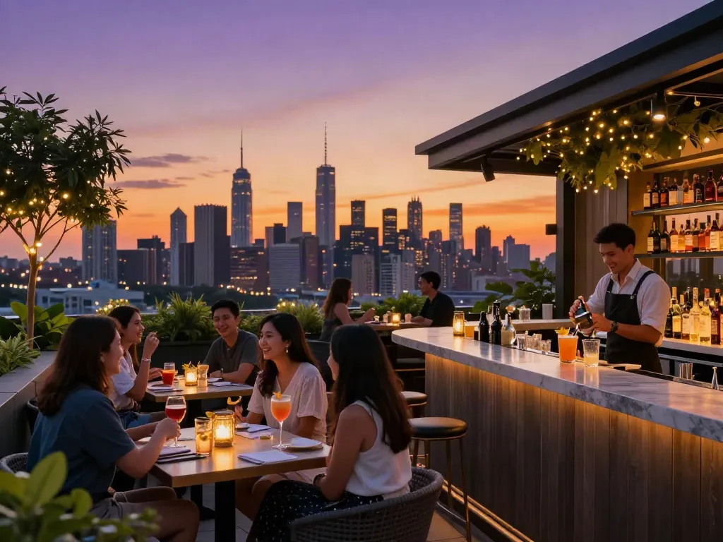 NOHU rooftop bar vibrant atmosphere with city skyline and cocktails at sunset