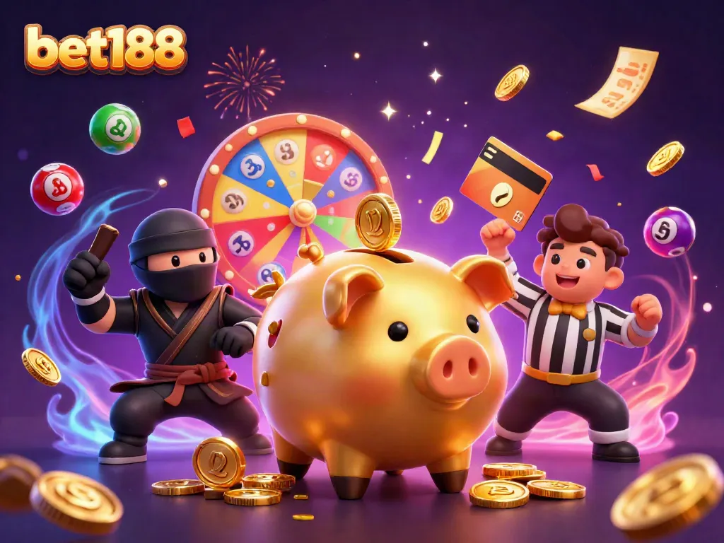 Bet188 online casino action with characters, colorful lottery elements, and dynamic money effects for vibrant gameplay.