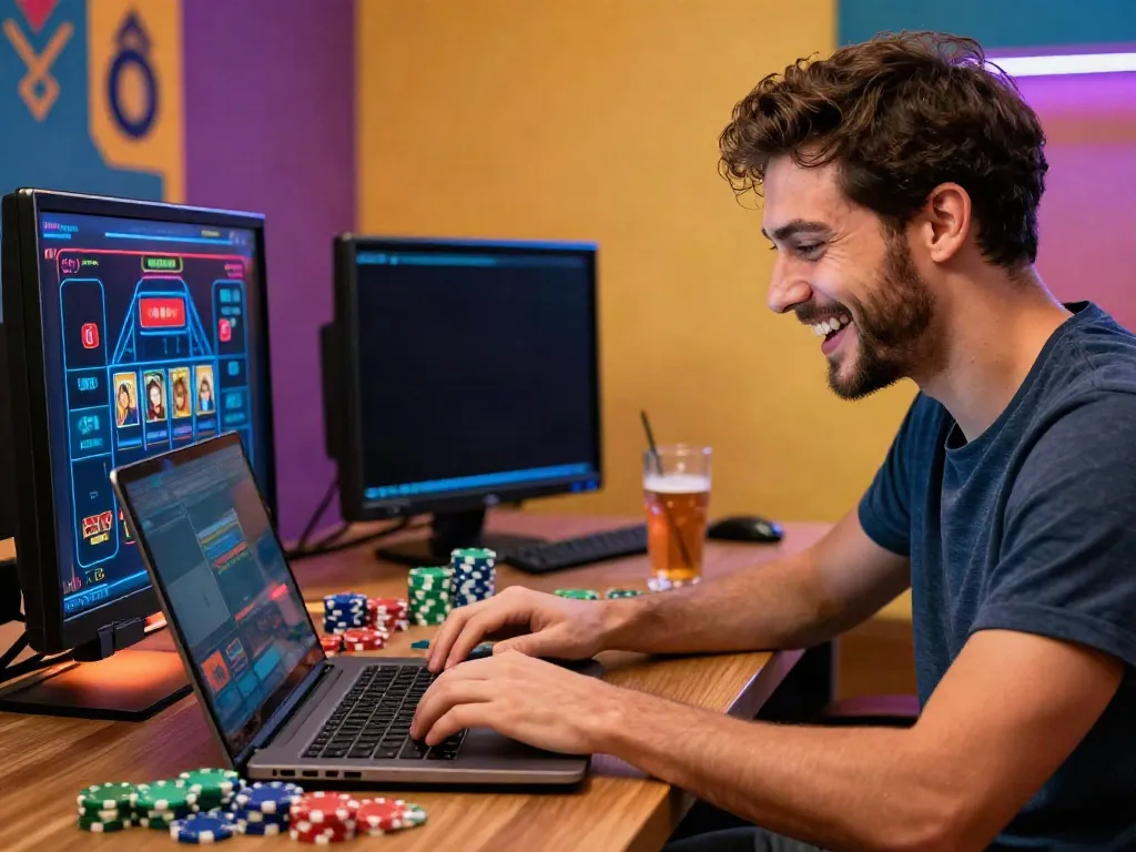 Excited player exploring Casinos Sans depots on a gaming laptop with casino decorations and vibrant atmosphere.