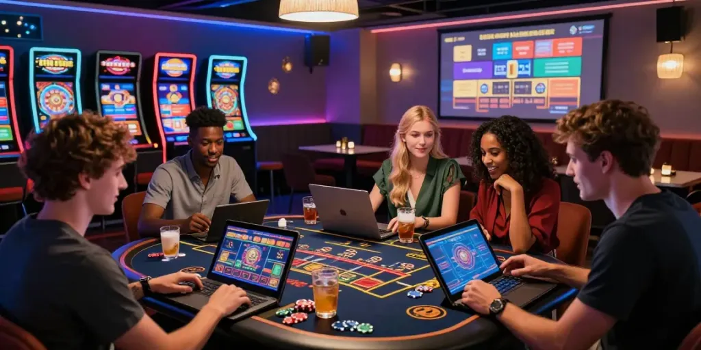 A lively Casino Gratuit sans depot scene featuring diverse friends enjoying online games together.