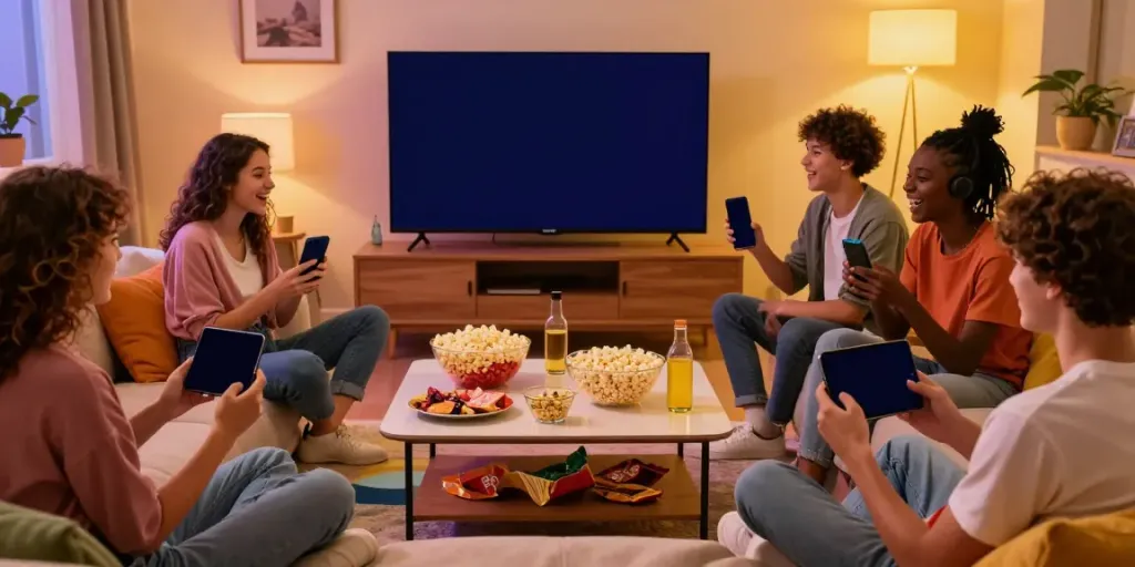 CocoFlix users enjoying mobile streaming together in a vibrant social setting.