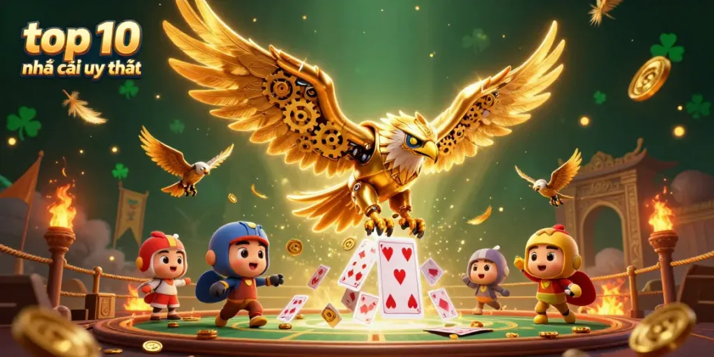 Engage with top 10 nhà cái uy tín through vibrant golden eagle diving amidst holographic cards.