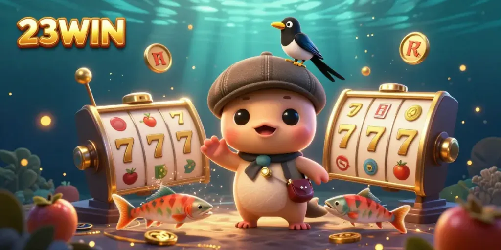 Experience vibrant gaming action with 23WIN featuring slot reels and charming characters in a playful scene.