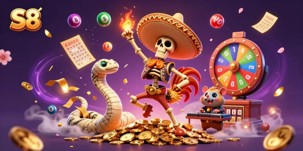 Engaging S8-themed 3D illustration featuring a mariachi rooster celebrating among vibrant casino elements.