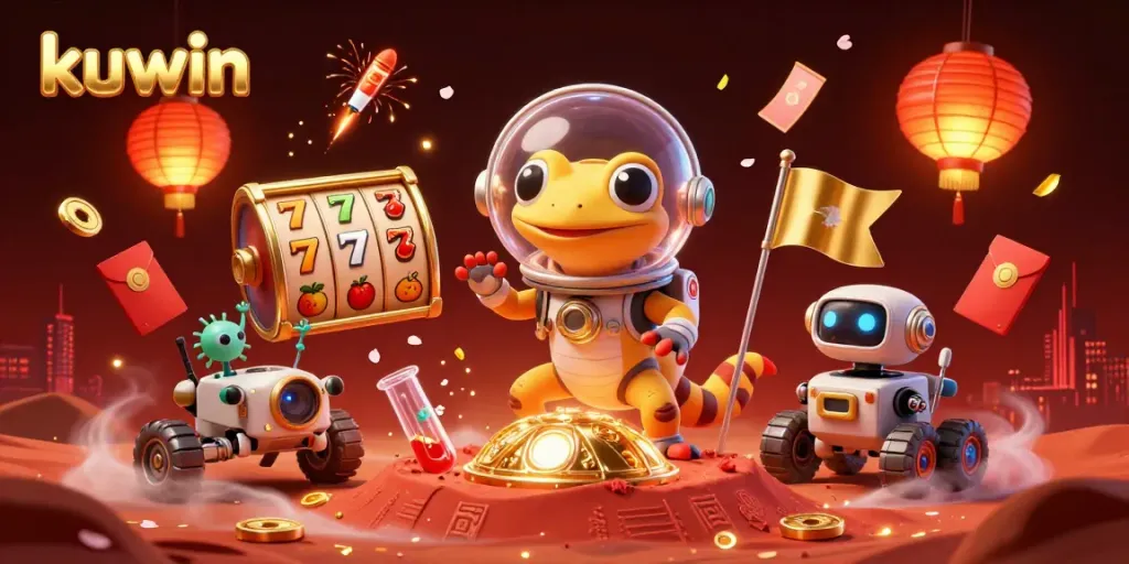 Experience kuwin's thrilling universe as a Martian gecko finds a golden casino, amidst exciting gaming elements.