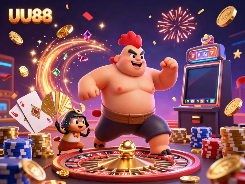 Experience the thrilling essence of UU88's casino atmosphere with dynamic elements and characters in action.