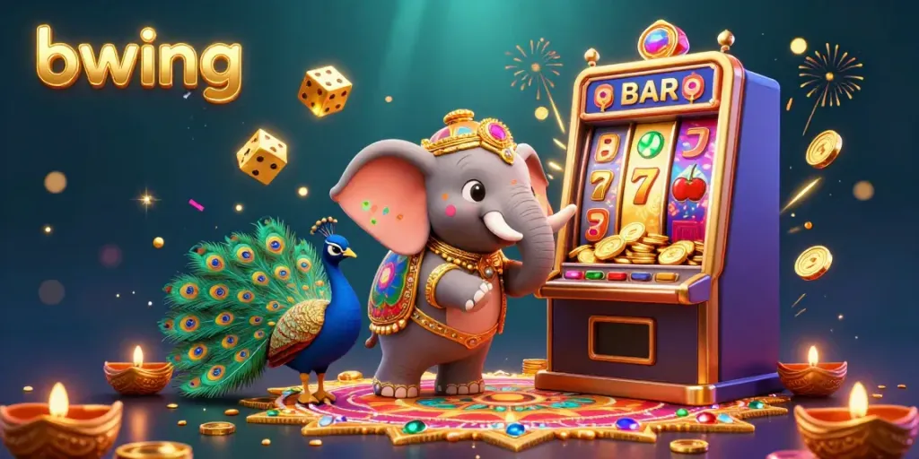 Experience thrilling wins with bwing as a festive elephant and peacock celebrate amidst a vibrant slot machine jackpot.
