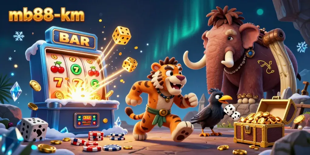 mb88-km presents a dynamic casino scene with caveman and sabertooth duo amidst jackpots and games.