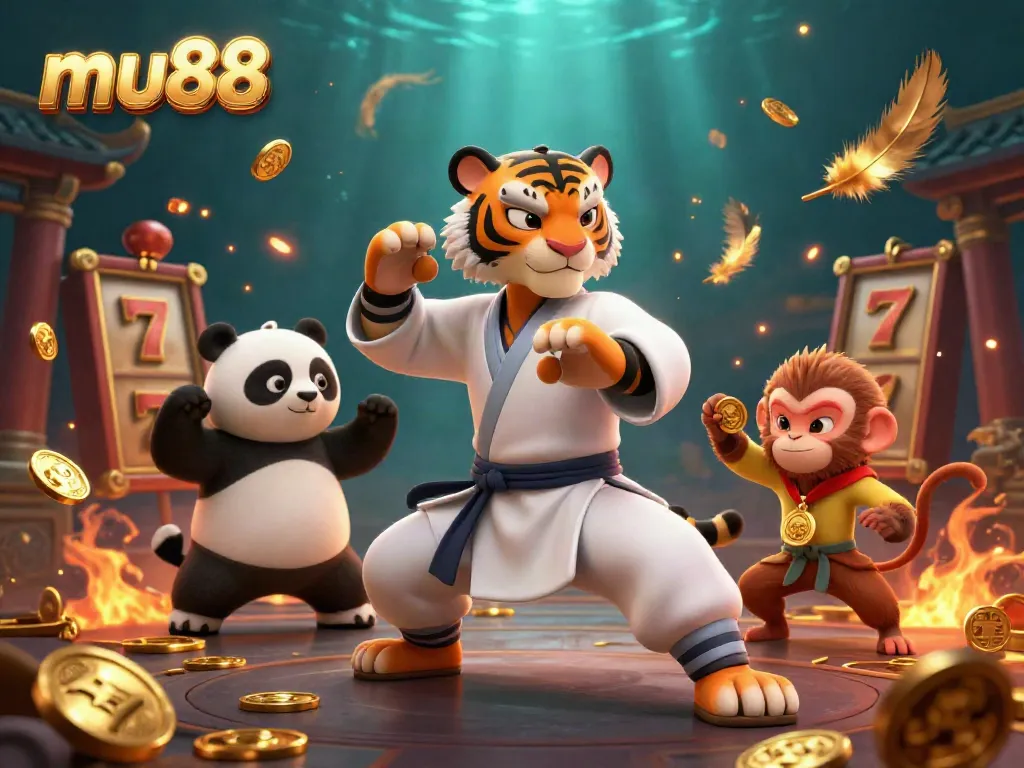 Experience thrilling action at mu88 with the kung fu tiger and friends amidst swirling gold and slot reels.