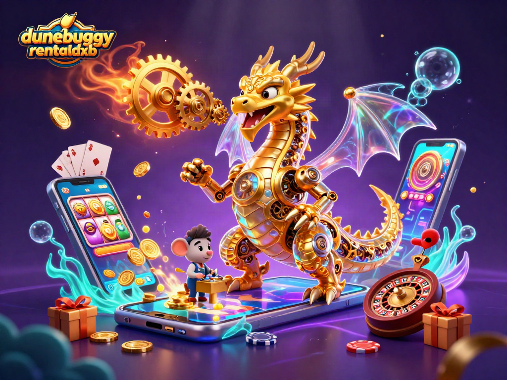 Engage in thrilling gameplay at dunebuggyrentaldxb, featuring gold dragons and vibrant slot machines.