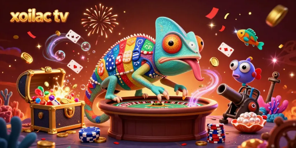 Experience thrilling moments watching Xoilac TV's vibrant casino games, with colorful characters and elements.