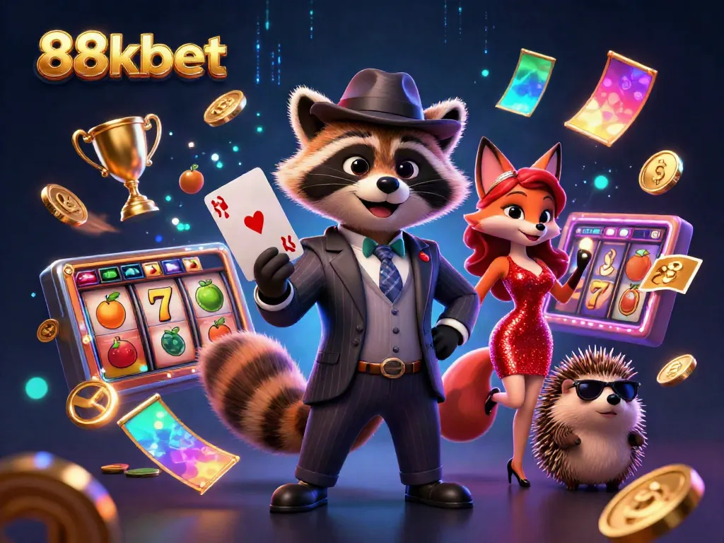 88kbet showcases an energetic casino illustration featuring vibrant characters and slot game elements.