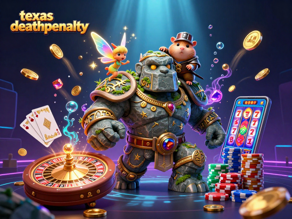 Engage with texasdeathpenalty in a vibrant 3D casino scene filled with magical elements and dynamic gambling symbols.
