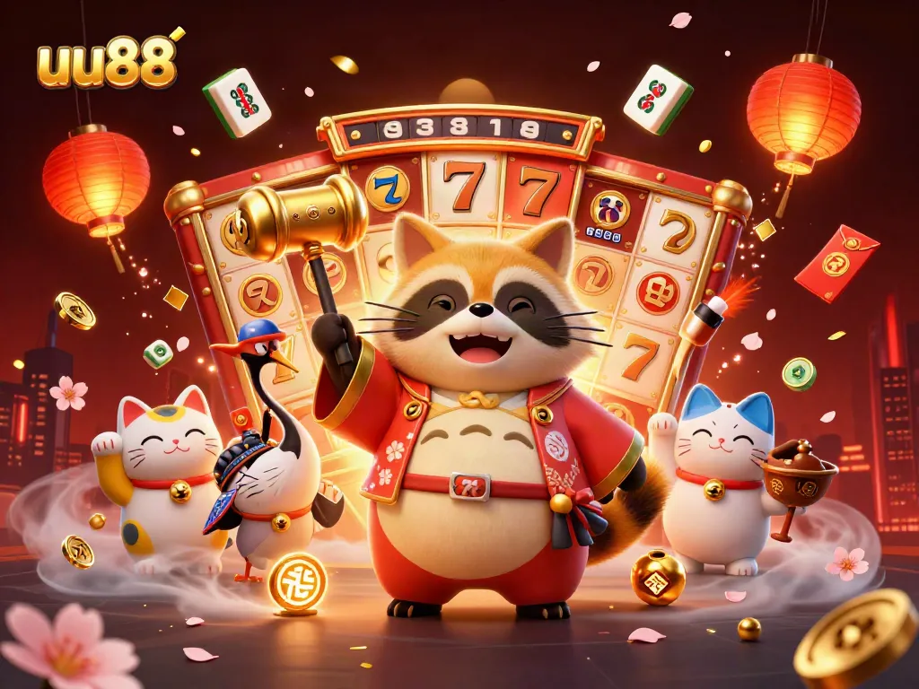Engage with uu88's vibrant casino atmosphere featuring a cheerful tanuki, crane, and maneki-neko amidst dynamic slot game elements.