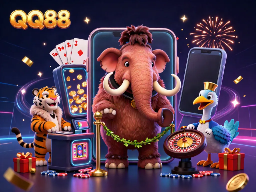 Experience the excitement of QQ88 with dynamic characters and vibrant casino elements in a rich 3D illustration.