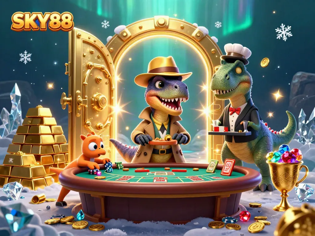 Experience winning strategies at SKY88 with a dynamic blackjack scene featuring playful dinosaurs.