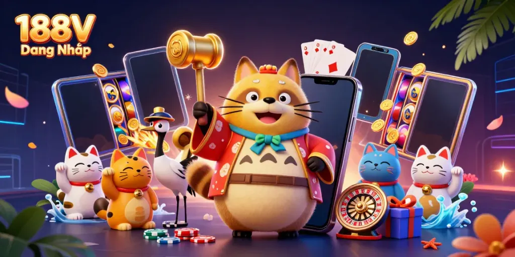 Play games and win rewards with 188V Đăng Nhập featuring vibrant characters and dynamic casino elements