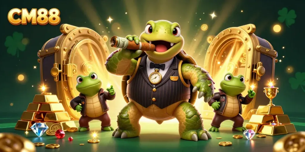 Experience the vibrant energy of CM88's casino scene featuring a mobster turtle and bullfrog enforcers.