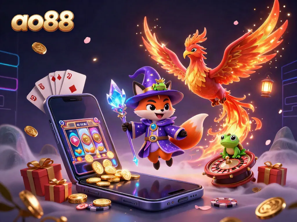 Witness the magic of ao88 as a mystical fox wizard, fiery phoenix, and crowned frog play in a vibrant casino universe.