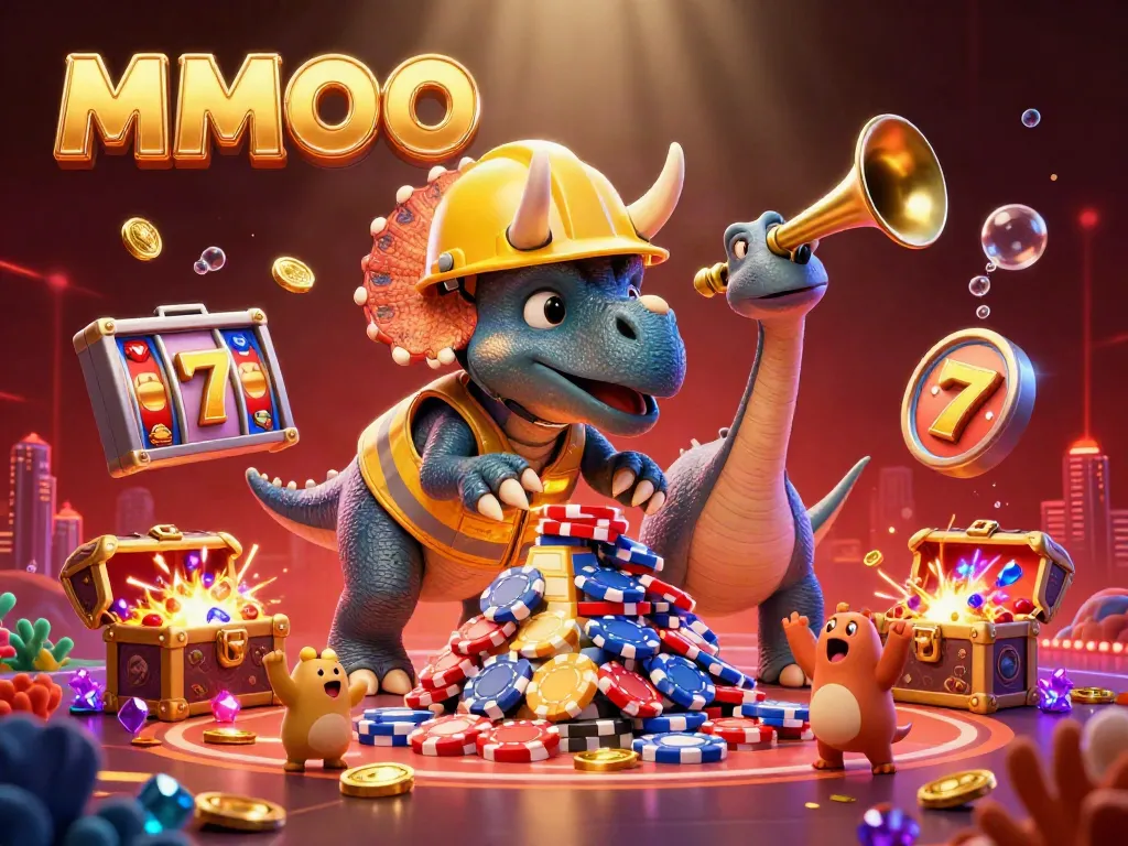 MMOO showcases a vibrant triceratops building poker chips in a casino-themed underwater world.